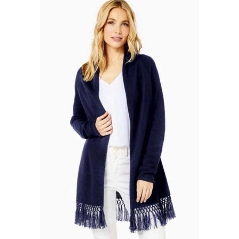 Lilly Pulitzer Navy Blue Fringe Macrame Open Front Cardigan Sweater Large